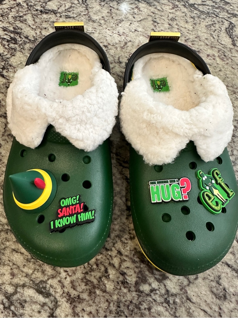 Crocs Kids J4 Buddy The Elf Classic Lined Clogs Green Lemon Fuzz Slippers J 4